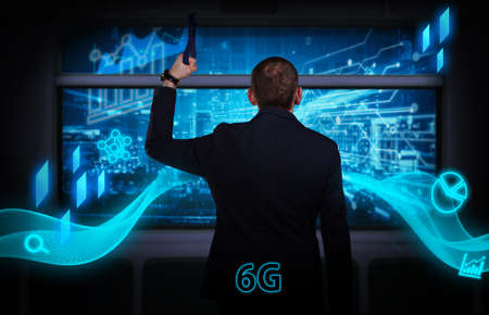 Business, technology, internet and network concept. Young businessman thinks over the steps for successful growth: 6Gの写真素材
