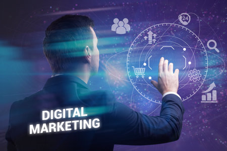 Business, technology, internet and network concept. Young businessman thinks over the steps for successful growth: Digital marketingの写真素材