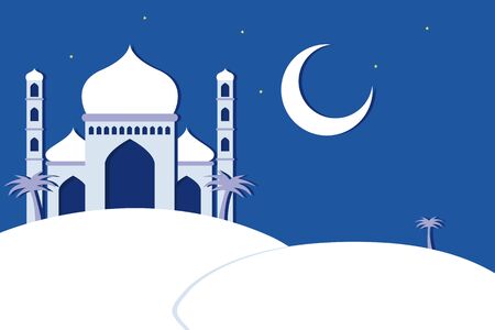 Vector illustration of a mosque in the desert during beautiful Ramadan at night.のイラスト素材