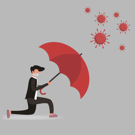 a masked man who sheltered from a coronavirus infection with a red umbrella.のイラスト素材
