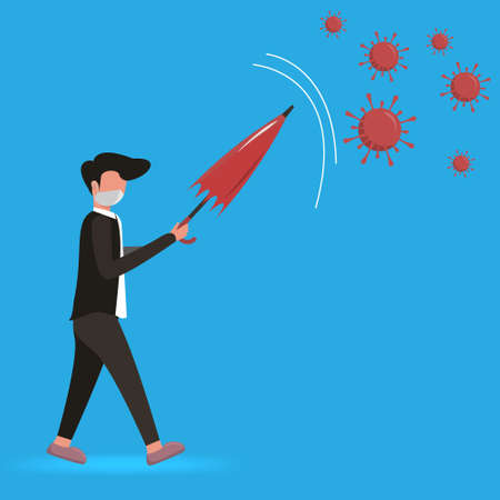 a masked man walks and fight coronavirus infection with a red umbrella.のイラスト素材