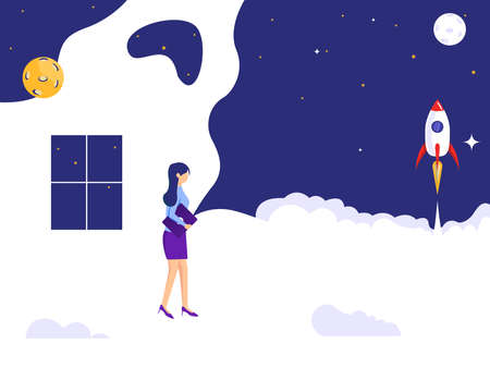 Woman walking near the window holding a laptop. rocket launch into space. Landing page vector...