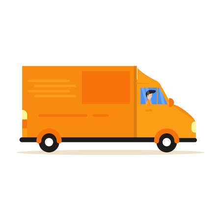 Fast delivery van. Courier provides free delivery of goods or postal parcels to the address. Vector illustration in flat styleのイラスト素材