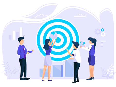 Target selection achieved. Concept of Run Achievement Measurement and Grow Goals for Web Banner Infographic Images. Flat style illustration.のイラスト素材