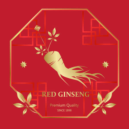 Korean or Chinese red ginseng root, Text label in Korean cultivated ginseng. Ginseng symbol for Korean cosmetics, Chinese medicine, food products, tea packages. Vector illustrationのイラスト素材
