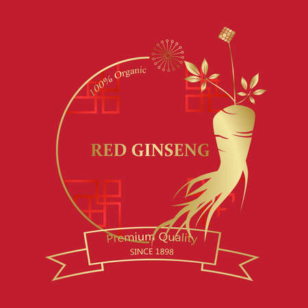 Korean or Chinese red ginseng root, Text label in Korean cultivated ginseng. Ginseng symbol for Korean cosmetics, Chinese medicine, food products, tea packages. Vector illustrationのイラスト素材