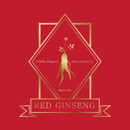 Korean or Chinese red ginseng root, Text label in Korean cultivated ginseng. Ginseng symbol for Korean cosmetics, Chinese medicine, food products, tea packages. Vector illustrationのイラスト素材