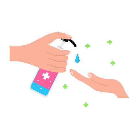 Hand sanitizers. Alcohol rub sanitizers kill most bacteria, fungi and stop some viruses such as coronavirus. Hygiene product. Covid-19 spread prevention.のイラスト素材