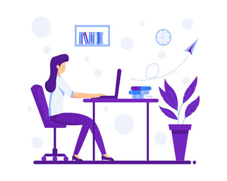 Work at home, illustrate the concept. Young people, casual workers who work with laptops and computers at home. Vector illustration of flat styleのイラスト素材