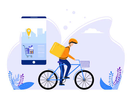 Fast online delivery. free package delivery via mobile media using bicycles. Vector illustration in flat style.のイラスト素材