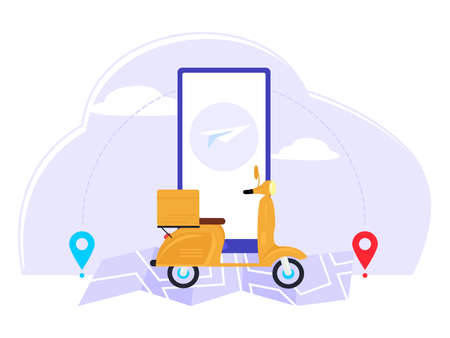 Fast online delivery. Shipping packages or postal packages according to the location provided. Vector illustration in flat style.のイラスト素材