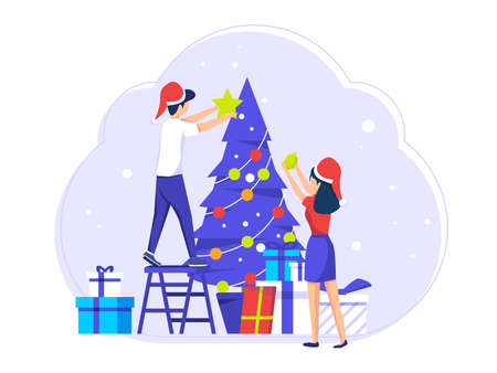 Team workers celebrate the Christmas holidays. Men put up Christmas tree ornament gifts. various kinds of gifts. vector illustrationのイラスト素材