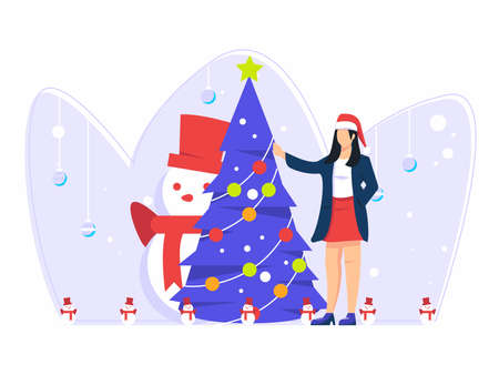 Christmas tree and snowman. Female workers celebrate the Christmas holidays. vector illustration.のイラスト素材