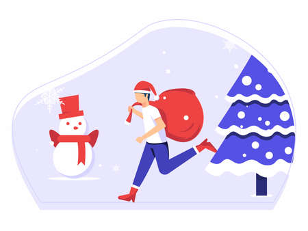 Man holds cloth with gifts inside. Christmas celebration in winter. vector illustration.のイラスト素材