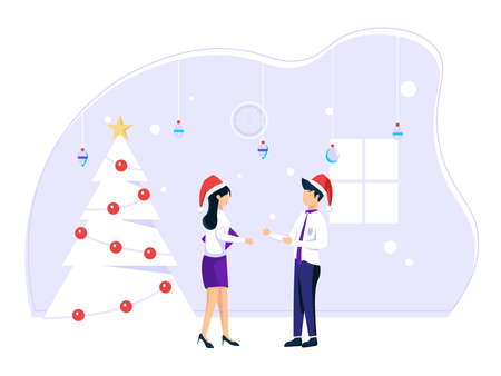 Concept Co-worker finishing work before Christmas for winter break. Team work. Modern vector illustration.のイラスト素材