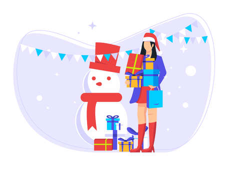 Female workers distribute gifts at Christmas. snowmen and christmas gifts.のイラスト素材