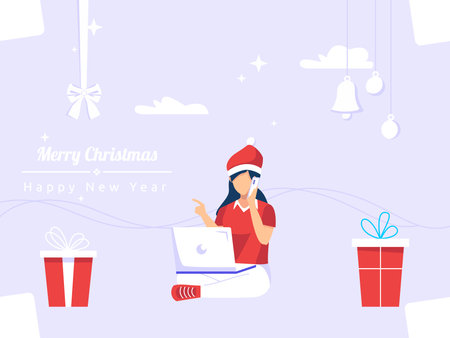 Woman wearing santa hat and working with laptopのイラスト素材