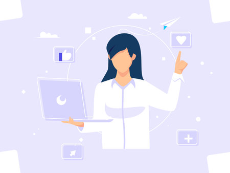 Business woman presenting with laptop. Social media internet network. Vector illustration of business people.のイラスト素材