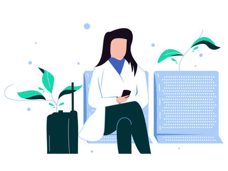 Women sit and wait in line for tickets.Go on vacation. Vector flat style.のイラスト素材