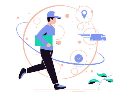 Fast delivery man. Courier provides free delivery of goods or postal parcels to the address. Vector illustration.のイラスト素材