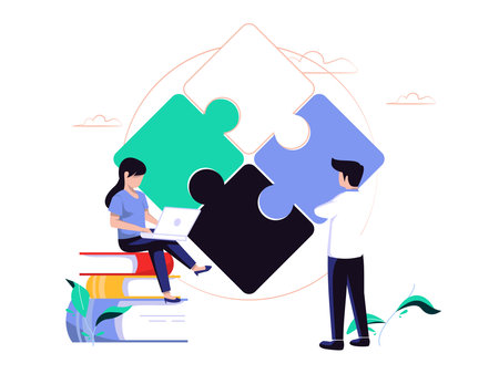 Concept metaphor. People analyze the elements of the puzzle. Flat design style vector illustration. cooperation, partnership vector.のイラスト素材