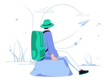 People are on vacation and adventure. Sit and rest on a rock. Character concept isolated in flat style. Vector illustration.のイラスト素材