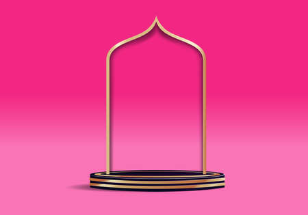 Black Podium stage with Arabic golden arch on a Islamic pattern background. Vector illustrationのイラスト素材