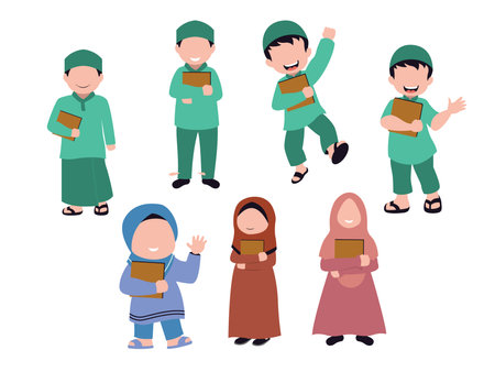 Set of muslim kids in different poses. Flat vector illustration.のイラスト素材