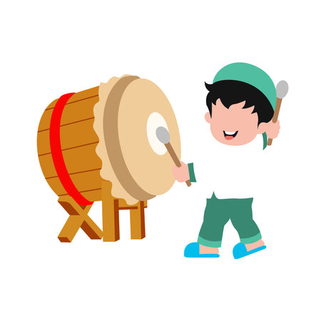 Cute cartoon Happy muslim boy hitting drum and celebrating Eid mubarak. Vector illustration isolated on white background.のイラスト素材