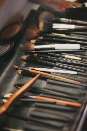 Makeup brushes in dark caseの写真素材