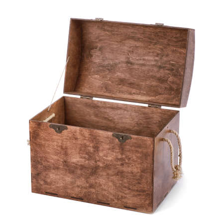 Close-up picture of a light brown pretty chest. Large spacious empty chest with ropes on isolated background. Opened wooden box for various colorful toys on a white background.の写真素材