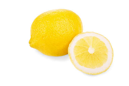 A group of ripe, juicy and fresh lemons, close-up, isolated on a white. Two lemons, one cut in half, isolated on a white background. Fresh tasty lemons. Citrus fruit. Vitamins.の写真素材
