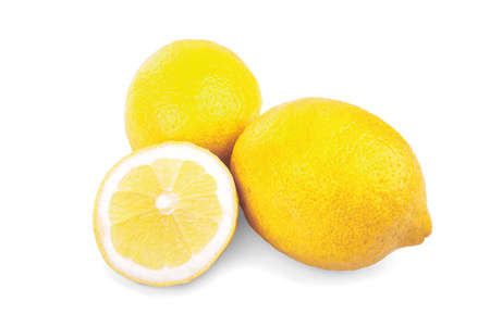 A group of ripe, yellow and bright lemons isolated on white background. Two whole bright yellow ripe lemon and one cut lemon. Fresh yellow lemons. Citrus fruit. Vitamins.の写真素材