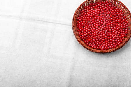 Red current in a light brown basket on a gray background. Berries full of vitamins. Delicious organic red berries. Nutritious foods for diet.の写真素材