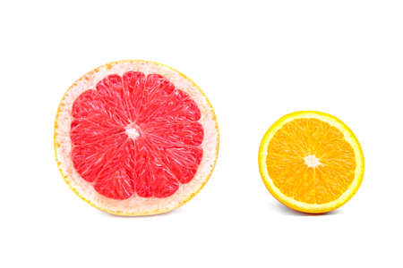 Juicy, fresh and ripe half of bright red grapefruit and sour yellow lemon, isolated on a white background, close-up. Citrus fruits. Tropical, organic, fresh and juicy slice of grapefruit and lemon.の写真素材