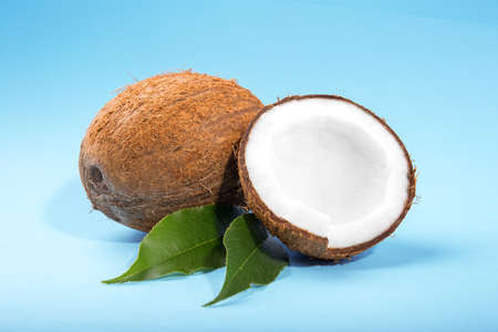 Two sweet coconuts on a light blue background. Close-up tasty coconut cut in half, laying on fresh leaves. Colorful summer fruits. Ingredients for gourmets.の写真素材