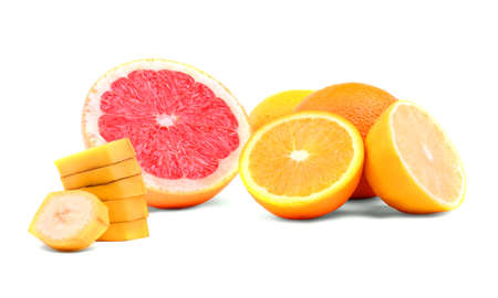 Whole and cut colourful fresh and juicy oranges and tasty, appetising round grapefruits and sour, juicy lemons, isolated on a white background. Colorful citrus fruits - lemons, oranges, grapefruits. Fruit mix.の写真素材