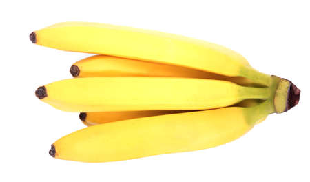 A branch of sweet, fresh and bright yellow tropical bananas isolated on a white background. Bananas bunch. Tropical and organic bananas. Vitamins.の写真素材