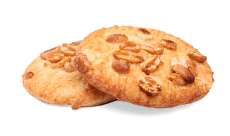 An oatmeal, sweet, homemade cookie. Shortbread cookies. Two oatmeal biscuits, isolated on a white background. Healthy food. Bread products. Sweet cookie. Cereal biscuits.の写真素材