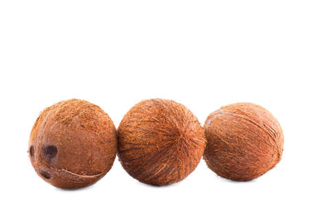 A group of three light brown coconuts isolated over the radiant white background. A whole coconut with scratchy texture. Delicious fresh summer fruits. Vegetarian lifestyle.の写真素材