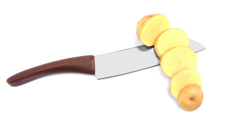 Freshly grown potatoes cut with a sharp metal knife isolated over the bright white background. Organic natural ingredients for healthy meals. Dinner preparation.の写真素材