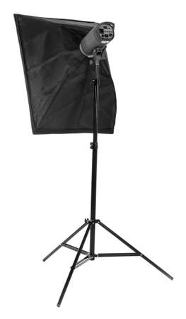 A long and black stripsoft box, isolated on a white background. Photo equipment. Professional studio flash with soft-box. Studio lighting.  Outbreak.の写真素材