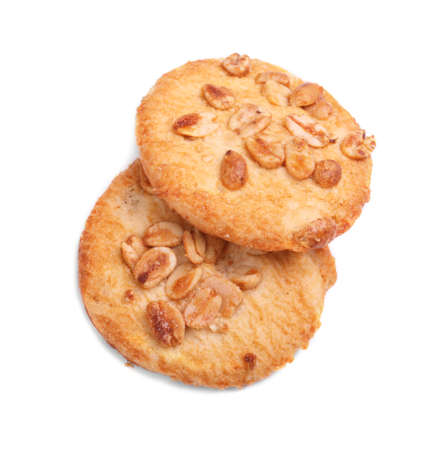 Cereal biscuits, isolated on a white background. An oatmeal, sweet, homemade cookies. Shortbread cookies. Pastry products. Two tasty oatmeal biscuits.の写真素材