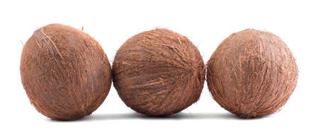 Three whole, fresh, organic brown fruits of coconuts, isolated on a white background. Tropical and exotic coconuts. Fresh and organic nutrients. Vegan diet.の写真素材
