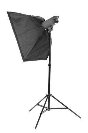 A big black strip softbox for work with photos, isolated on a white background. Studio lighting equipment. High resolution.の写真素材