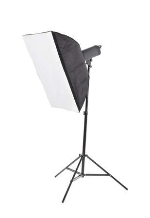 Studio lighting equipment icon, isolated on a white background. A stylish strip softbox for a photo studio. A new saturated black tripod. Studio light on stand.の写真素材