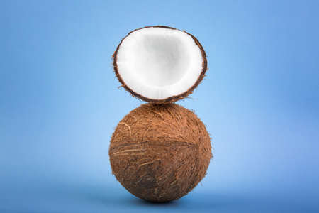 A fresh whole and cut in half coconuts on a light blue background. Cracked and whole bright brown...