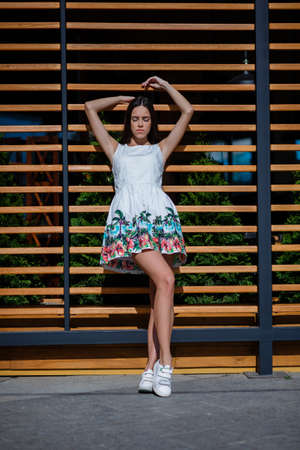 Full-lengths of stunning, beautiful girl. Lady at a dress with summer print. Good-looking brunette....