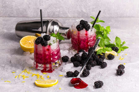 Couple of fancy glasses full of cold, icy beverage with spearmint, lemon pieces, juicy blackberries and black straws on a frozen gray table background. Refreshing cocktails with fruits and berries.の写真素材