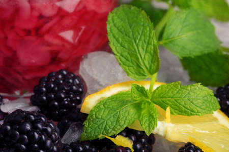 Closeup of fragrant, green leaves of mint, sippy slices of lemon, blackberries and a glass of juice on a colorful blurred background.の写真素材
